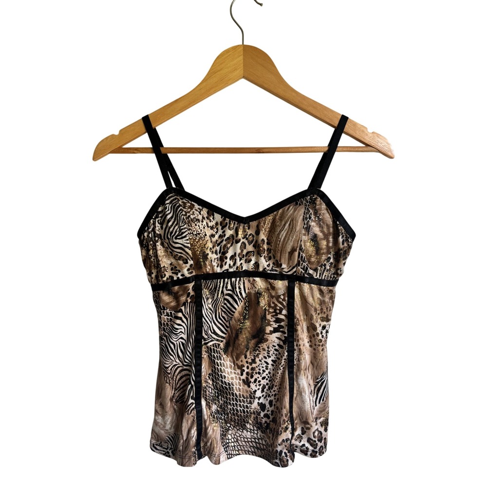 Cache Womens Animal Print Cami Top XS Brown Zebra Leopard Gold Metallic Y2K Glam